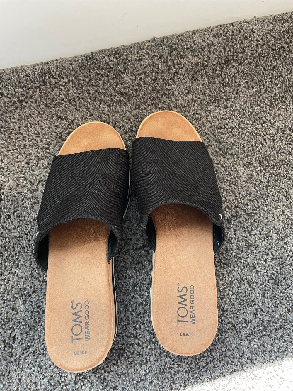 TOMS Women’s Black Canvas Slide Sandals Espadrille Platform Size 8 — “Wear Good”